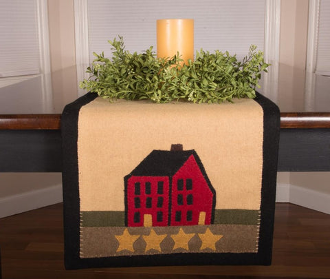 Our Tan - black Saltbox House 36 Inch Table Runner is 14 Inch x 36 Inch and is made of Wool/Felt. Visit website for FREE s/h & discount offers. Primitive Country Farmhouse.