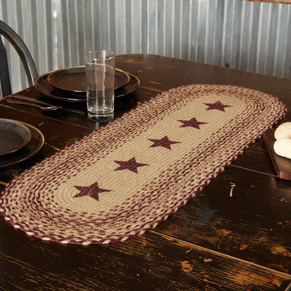 Burgundy and Tan Braided Stencil Stars Oval Runner 13" X 36" is trimmed with 5 stars in the center. See website for free s/h and discount offers. Primitive Country Farmhouse Kitchen Table Dining.