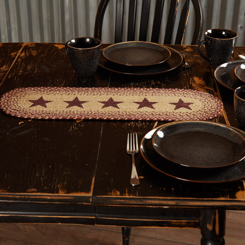 Burgundy and Tan Braided Stencil Stars Oval Runner 8" X 24" is trimmed with 5 stars in the center. Visit website for FREE s/h & discount offers. Primitive Country Farmhouse Kitchen Dining Table Decor.