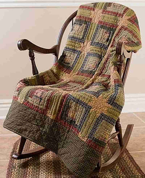 Tea Cabin Quilted Throw, Primitive Country Farmhouse Cabin Green Bedding Home Decor & Accessories