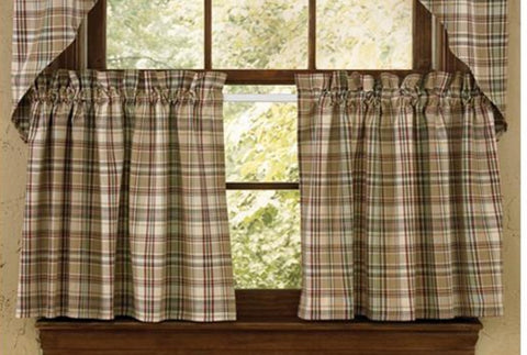 "Thyme" for a change in your country decor? Spice up your windows with these lovely Thyme Tiers! The pretty plaid oozes ambiance with its soft, warm tones of green, tan & red! Comes unlined so soft, filtered light can permeate the beautiful pattern! So country charming on its own, or pair with a coordinating valance (sold separately) for a more dramatic appeal! 