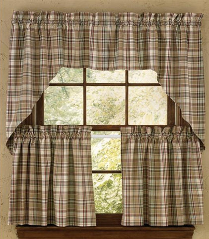 "Thyme" for a change in your country decor? Spice up your windows with these lovely Thyme Swags! The pretty plaid oozes ambiance with its soft, warm tones of green, tan & red! Comes unlined so soft, filtered light can permeate the beautiful pattern! So country charming on its own, or pair with a coordinating tier (not included) for a more striking appeal! 