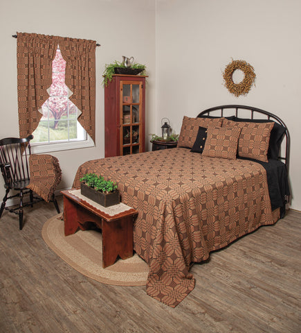 Trenton Jacquard Queen bed cover features an intricate black, barn red and nutmeg pattern.. Coordinating pillow shams, throw, pillow covers and window treatments also available. Made of 100% cotton, measures 94" x 104". Dry clean.