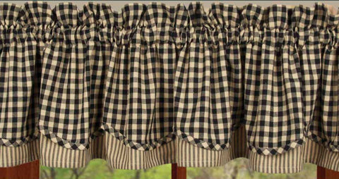 Our Black Heritage House Check fairfield valance is made of cotton. This is a 72" x 15.5" fully lined fairfield valance with a 2" header and a 2.5" rod pocket..  Black and light tan checks layered over matching ticking stripes.