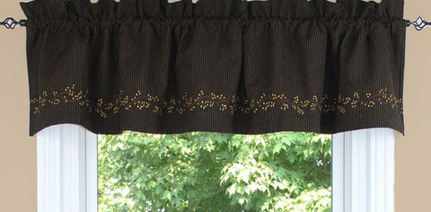 The Primitive Ticking Black Lined Valance with berry vine embroidered details is 72" by 15.5" and features a classic black with mustard ticking pattern.