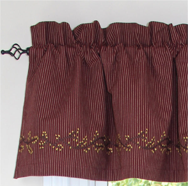 The Primitive Ticking Wine Lined Valance with berry vine embroidered details features a classic wine with tan ticking pattern.