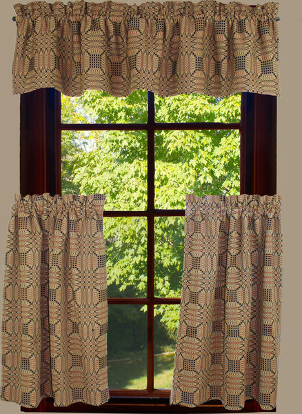 Our Trenton Jacquard Lined Valance is made of cotton and measure 72"x 15.5". Intricate pattern of black, barn red and nutmeg lends an old world flair. Pair with our full collection of bedding and window items. Dry clean.