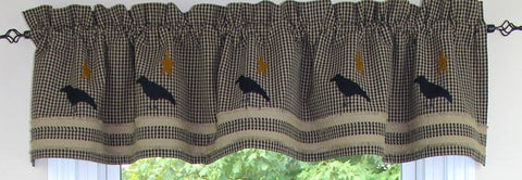 Bring country charm to the window with the Newbury Gingham Black Crow Valance. Classic Newbury gingham with black crow applique and rough edge trim. Made of 100% cotton and fully lined. Dry Clean.