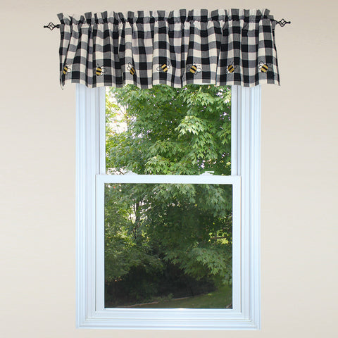 The black buttermilk Bee Buffalo Check fairfield valance has adorable Bee Embroidery ontop of black and buttermilk bufflo check.  The valance is 72 in x 15.5 in and is made of cotton.