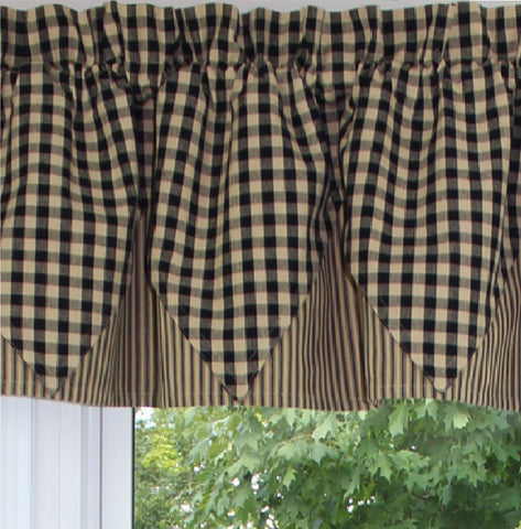 The Heritage House Check Black Point Valance is just so charming! Featuring a black & khaki medium gingham accented with an underlay of a coordinating mattress ticking fabric, this is what we call classic, primitive country! 