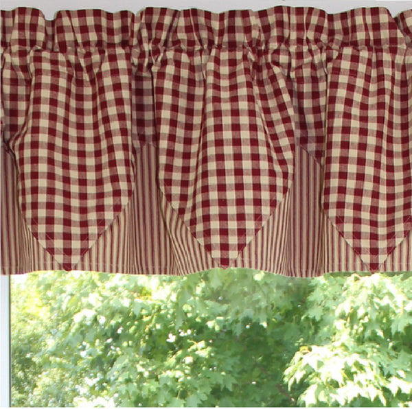 The Heritage House Check Red Point Valance is just so charming! Featuring a red & khaki medium gingham accented with an underlay of a coordinating mattress ticking fabric, this is what we call classic, primitive country! 