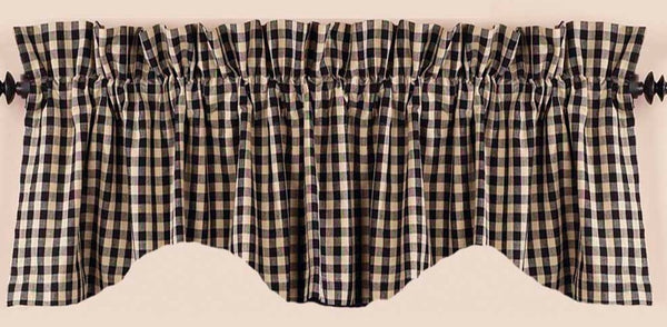 Our Black Heritage House Check scalloped valance is made of cotton. This is a 72" x 18" fully lined scalloped valance with a 2" header and a 2.5" rod pocket.