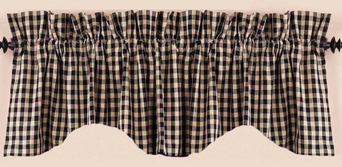 Our Black Heritage House Check scalloped valance is made of cotton. This is a 72" x 18" fully lined scalloped valance with a 2" header and a 2.5" rod pocket.