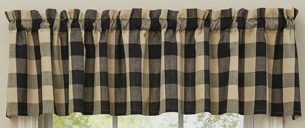 Wicklow Valance - Black, casual and classic, this valance features large buffalo check black and tan checks. Primitive Country Farmhouse Window Treatments Curtains Home Decor.