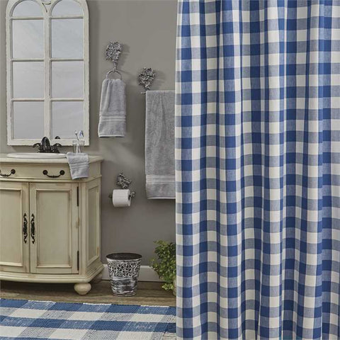Wicklow Shower Curtain - Blue features blue and white large buffalo checks. The warm blue & white blends beautifully to provide a classic farmhouse look to your bathroom. Primitive Country Farmhouse Bathroom Bath Home Decor