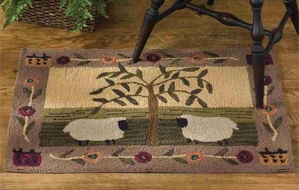 24x36 Willow Sheep Hooked Rug with primitive sheep and willow tree design in warm country colors