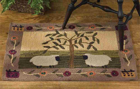 24x36 Willow Sheep Hooked Rug with primitive sheep and willow tree design in warm country colors
