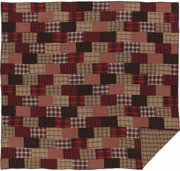 Wyatt King Quilt, Various crimson, khaki, and dark brown plaid and stripes, Primitive County Farmhouse Bedding Home Decor.