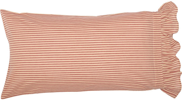 Sawyer Mill Red Ticking Stripe King Pillow Case Set of 2 21x40 features repeating country red ticking stripes on a dare tan base, with a ruffled edge. Primitive Country Farmhouse Bedding Home Decor.