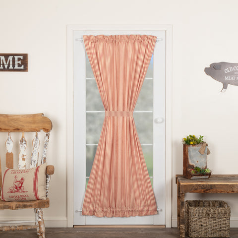 Sawyer Mill Red Ticking Stripe Door Panel 72x42, featuring a rod pocket at the top and bottom for proper hanging, in repeating country red ticking stripes woven into a solid dark tan base. Primitive Country Farmhouse Window Treatments Curtains Home Decor.