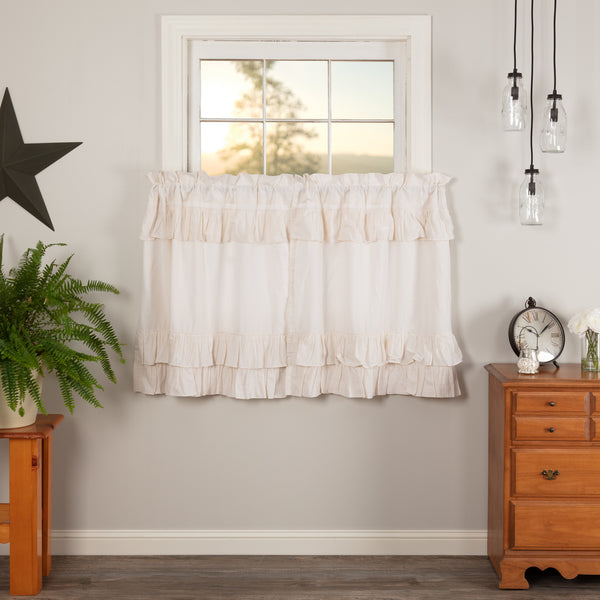 Simple Life Flax Antique White Ruffled Tier Set of 2 L36xW36, Antique White - Light Creme, Primitive Country Farmhouse Window Treatments Curtains Home Decor.