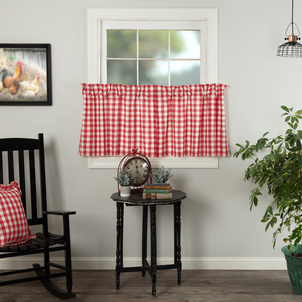 Annie Buffalo Red Check Tier Set of 2 L24xW36, large scale checks, Country Red, Antique Creme, Primitive Country Farmhouse Window Treatments Curtains Home Decor.