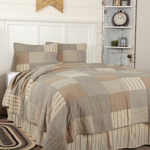 Sawyer Mill Charcoal Twin Quilt Set; 1-Quilt 68Wx86L w/1 Sham 21x27, contains stitch in the ditch and echo hand-quilting on charcoal grey, khaki, and creme fabrics with simple brick layout in various plaid and striped Farmhouse fabrics. Primitive Country Farmhouse Bedding Home Decor.