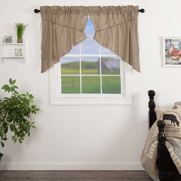 Sawyer Mill Charcoal Ticking Stripe Prairie Swag Set of 2 36x36x18, Featuring repeating, black ticking stripes woven into dark creme cotton base fabric., Primitive Country Farmhouse Window Treatments Curtains Home Decor.