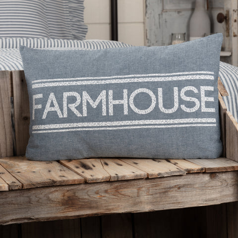Sawyer Mill Blue Farmhouse Pillow 14x22, a grain sack stripe above and below the wording, stenciled in distressed white, across the center, Primitive Country Farmhouse Bedding Home Decor.