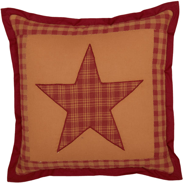 Ninepatch Star Quilted Pillow 12x12  is a hand quilted pillow that features a large center 5-point star on the front and coordinating double borders. Primitive Country Farmhouse Bedding Home Decor.