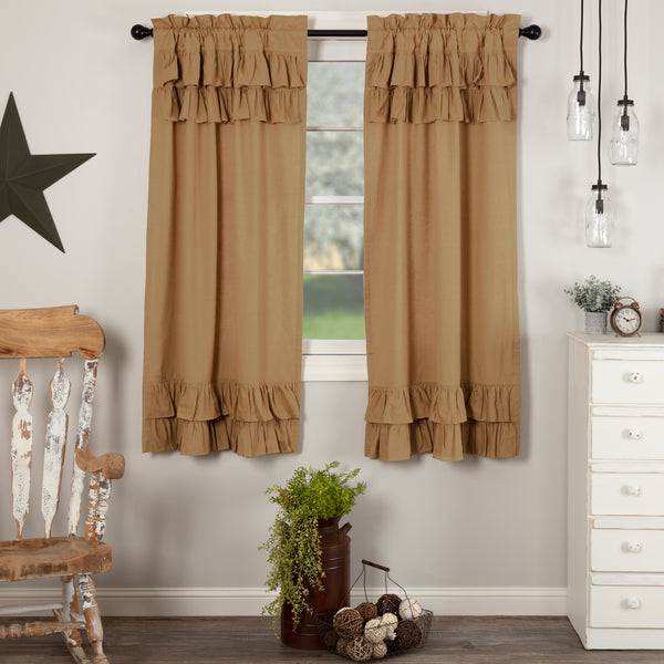 Simple Life Flax Khaki Ruffled Short Panel Set of 2 63x36, Primitive Country Farmhouse Window Treatments Curtains Home Decor.
