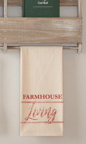 Sawyer Mill Red Farmhouse Living Muslin Unbleached Natural Tea Towel 19x28, grain sack stripes and the words "Farmhouse Living" in distressed country red on unbleached tan muslin, Primitive Country Farmhouse Kitchen Table Home Decor.