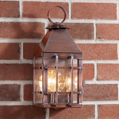 The comforting design allows the Barn Light to add light and warmth to a variety of architectural style homes. With clean lines and solid metal construction, the lanterns will last a lifetime. Available in antique copper or solid weathered brass. Five year guarantee.