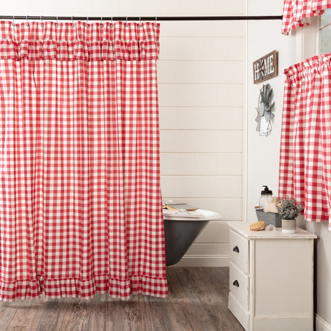 Annie Buffalo Red Check Ruffled Shower Curtain 72x72, Country Red, Antique Creme, Primitive Country Farmhouse Bedding Bathroom Bath Home Decor.