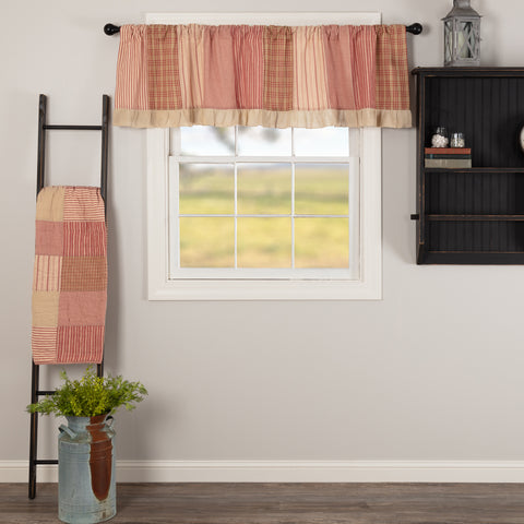 Sawyer Mill Red Patchwork Valance 19x72 features vertical strips of country red, creme, dark tan plaid and striped patches. Primitive Country Farmhouse Window Treatments Curtains Home Decor.