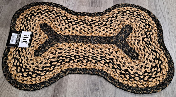 Black Forest Dog Bone Shaped Rug features a beautiful combination of black, blend of golden tan and light creme, with a touch of muted green. Measures approximately 18"x28".  See free shipping offer on website. Primitive Country Home Decor.