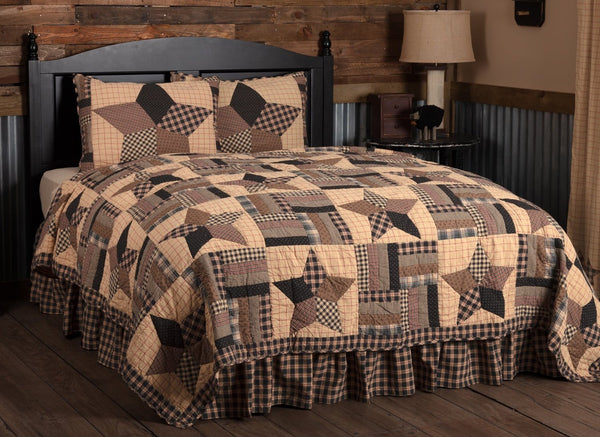 Bingham Star King Quilt Set including 1 Quilt and 2 Shams. Soft black, khaki, and red plaid, check and printed fabrics while beautifully showcasing alternating large 5-point star and confetti strip blocks. Primitive Country Farmhouse Quilted Bedding Home Decor