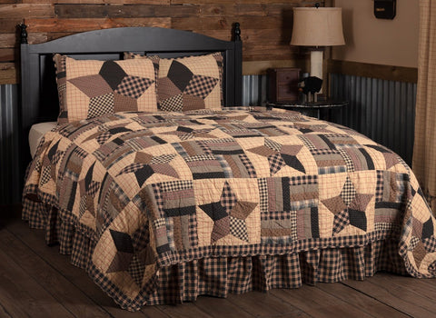 Bingham Star King Quilt Set including 1 Quilt and 2 Shams. Soft black, khaki, and red plaid, check and printed fabrics while beautifully showcasing alternating large 5-point star and confetti strip blocks. Primitive Country Farmhouse Quilted Bedding Home Decor