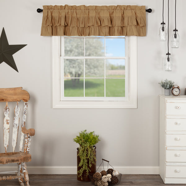 Simple Life Flax Khaki Ruffled Valance 16x72, Primitive Country Farmhouse Window Treatments Curtains Home Decor.