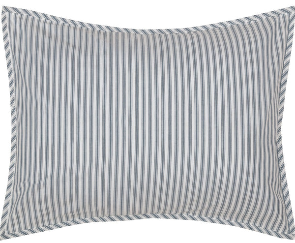 Sawyer Mill Blue Ticking Stripe Standard Sham 21x27, repeating, denim blue ticking stripe woven into solid soft white cotton base. Primitive Country Farmhouse Bedding Home Decor.