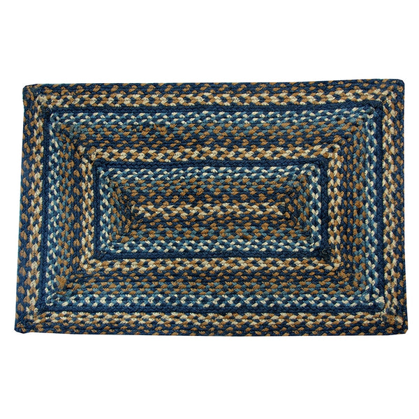 Denim  Braided Rug Rectangle 6 x 9 features color combination of two different shades of blue, dark tan and cream. Visit website for FREE s/h & discount offers. Primitive Country Farmhouse Home Decor.