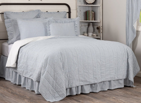 Sawyer Mill Blue Ticking Stripe King Quilt Coverlet 105Wx95L,  repeating Denim Blue ticking stripe woven into a Soft White cotton base. Primitive Country Farmhouse Bedding Home Decor.