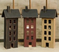 Primitive Saltbox House is made of wood with cutout windows, metal grilles and a door. Has s an opening in the back that fits a black candelabra and bulb to light the house (not included). The piece measures 17-1/2" high by 7" wide. Visit website for free s/h & discount offers. Primitive Country Farmhouse Decor.