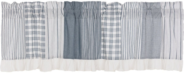 Sawyer Mill Blue Sawyer Mill Blue Patchwork Valance 19x72, vertical strips of denim blue and soft white plaid and striped patches. Window Treatments Curtains Home Decor Primitive Country Farmhouse.Valance 19x72