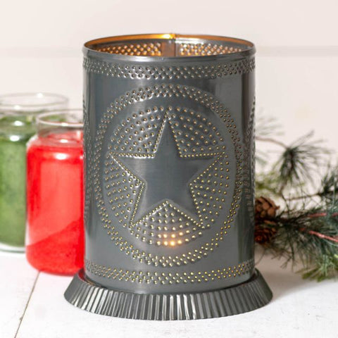 Candle Warmer with Regular Star in Country Tin, For the person who hesitates to burn a candle, we have the answer! The bulb in our Candle Warmer melts the candle, in just a few hours, as it sits in our unique metal rack giving a scent without any open flame. Made in USA. Primitive Country Farmhouse Home Decor.