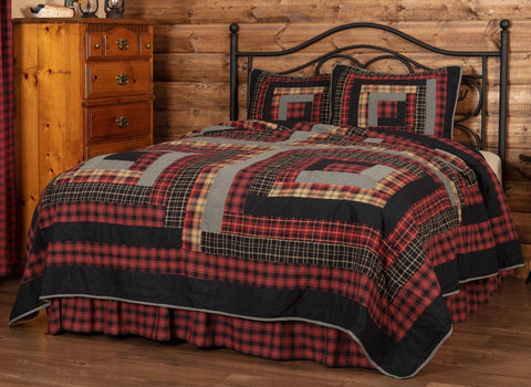 Cumberland Twin Quilt Set including 1 Quilt and 1 sham. Features chili pepper reds, caviar blacks, and natural tans in four large log cabin blocks with plaid and chambray. Visit website for FREE s/h & discount offers. Primitive Country Farmhouse Rustic Log Cabin Quilted Bedding Home Decor.