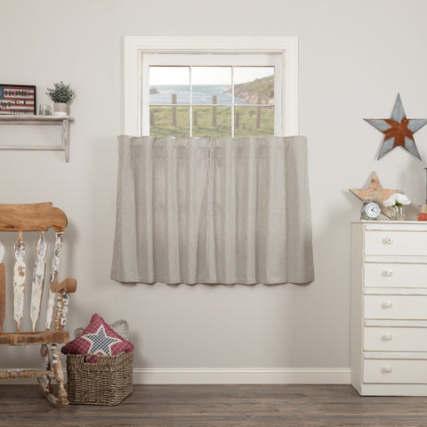 Hatteras Seersucker Blue Ticking Stripe Tier Set of 2 L36xW36, denim blue on cotton white give a vintage "worn" look of faded jeans, matched with classic ticking stripes to add visual appeal. Primitive Country Farmhouse Window Treatments Curtains Home Decor.