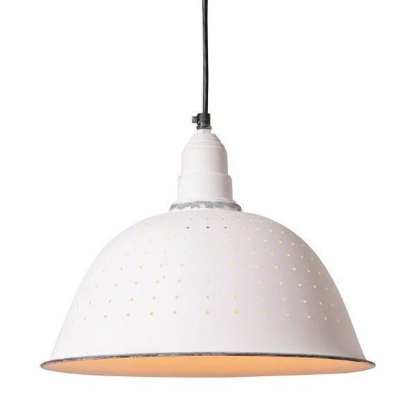 A simple kitchen staple has been fashioned into a statement pendant for the kitchen or bar area of your home. The small holes allow peeks of light to add another dimension to your room. Imported.