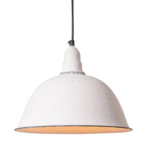 A simple kitchen staple has been fashioned into a statement pendant for the kitchen or bar area of your home. The small holes allow peeks of light to add another dimension to your room. Imported.