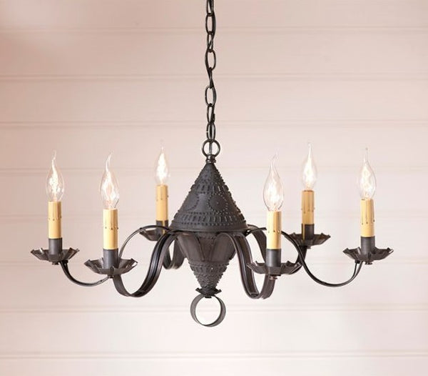 The Concord Chandelier in Kettle Black is a reproduction of a design that was popular many years ago. With the resurgence of farmhouse and country colonial decorating, it has been brought back into production. Primitive decor colonial americana decor farmhouse punched tin